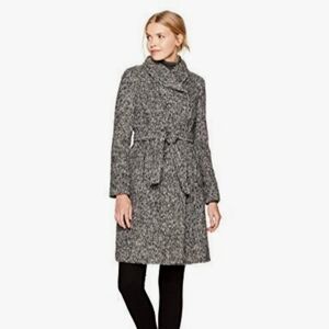 Cole Haan Asymmetrical Shawl Collar Wool Coat in Black and White Sz 14